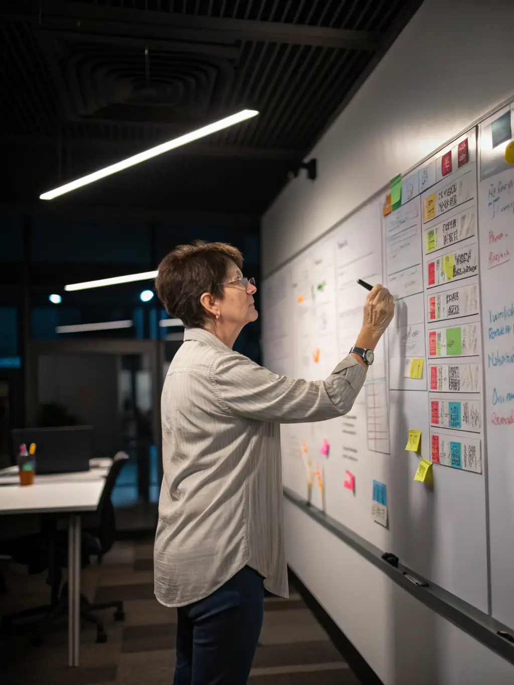 A photograph of a project manager using a flowchart to map out a business process, emphasizing a structured approach to problem-solving.