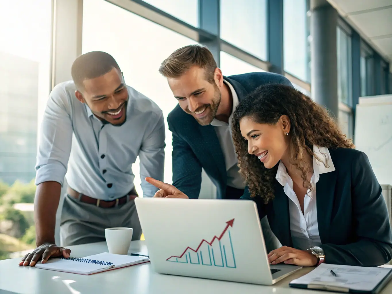 An image of a team collaborating over a computer screen displaying a CRM dashboard, showcasing the implementation of a CRM system.