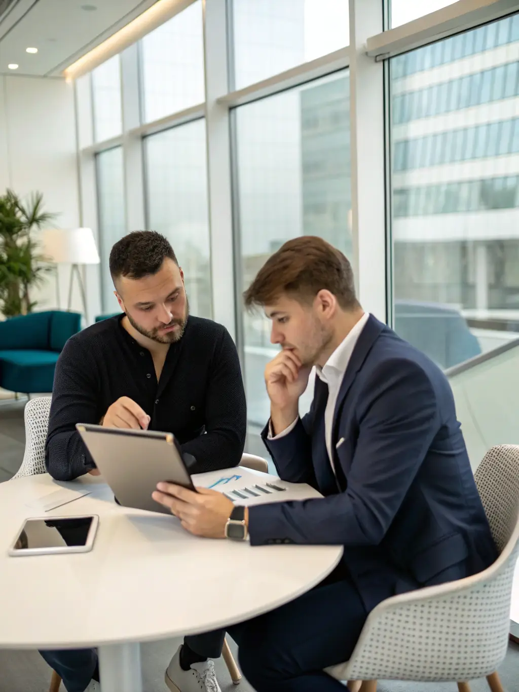 An image of a consultant working with a client, collaboratively designing a CRM system on a tablet.
