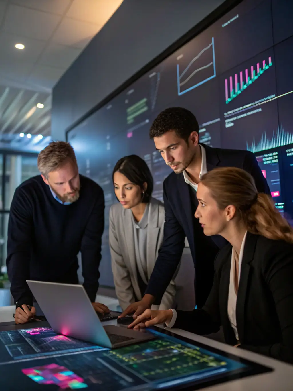 A professional team analyzing CRM data on a large screen, showcasing improved data visibility and informed decision-making within Vastmet Systems.