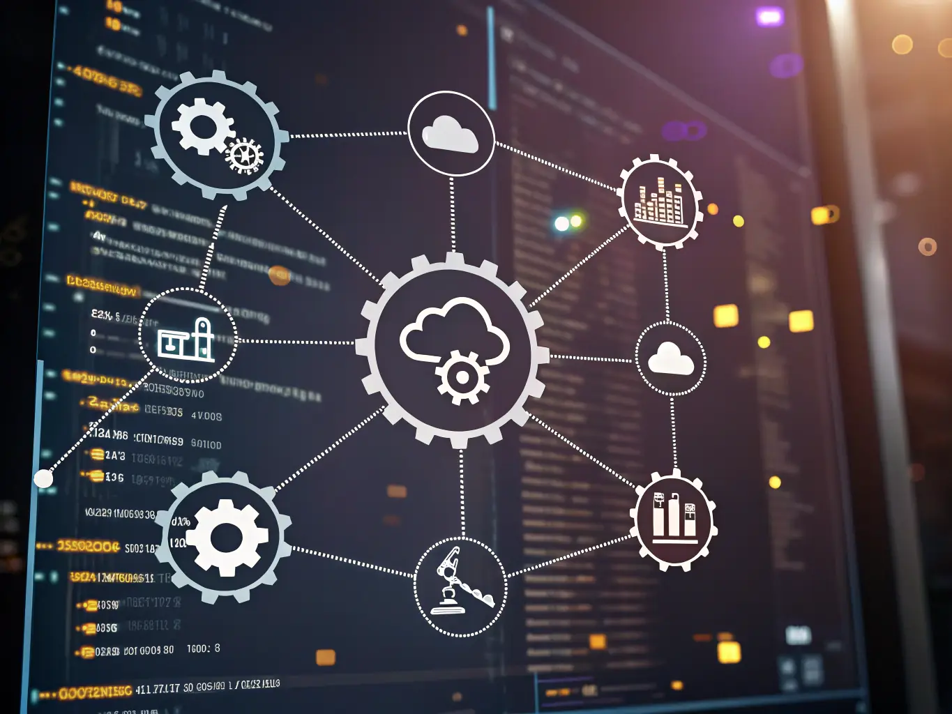 An illustration of interconnected automation icons representing streamlined processes, symbolizing workflow automation.